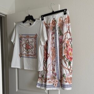 Floral Print White T-Shirt and Skirt Set